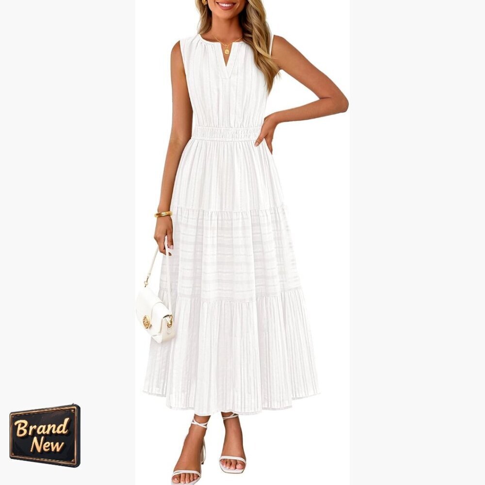 Sleeveless V-Neck Cotton Midi Dress with Pockets, High Waist A-Line
